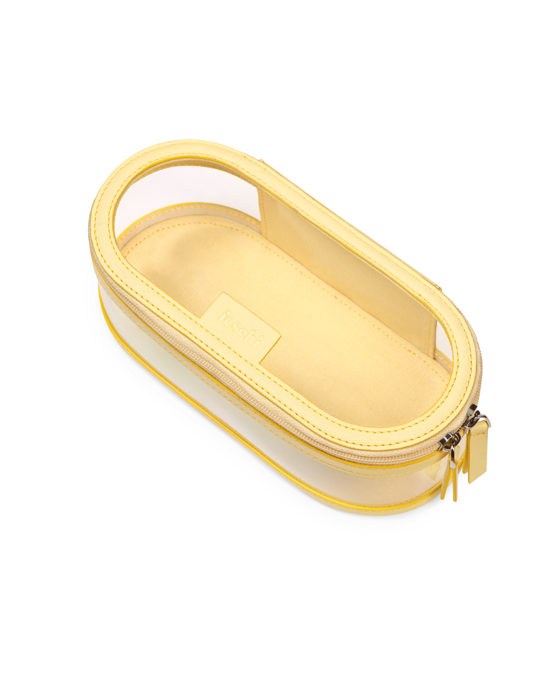 Produktbild der Travel Buddy yellow – Kosmetiktasche von feschi, seitliche Ansicht von oben 