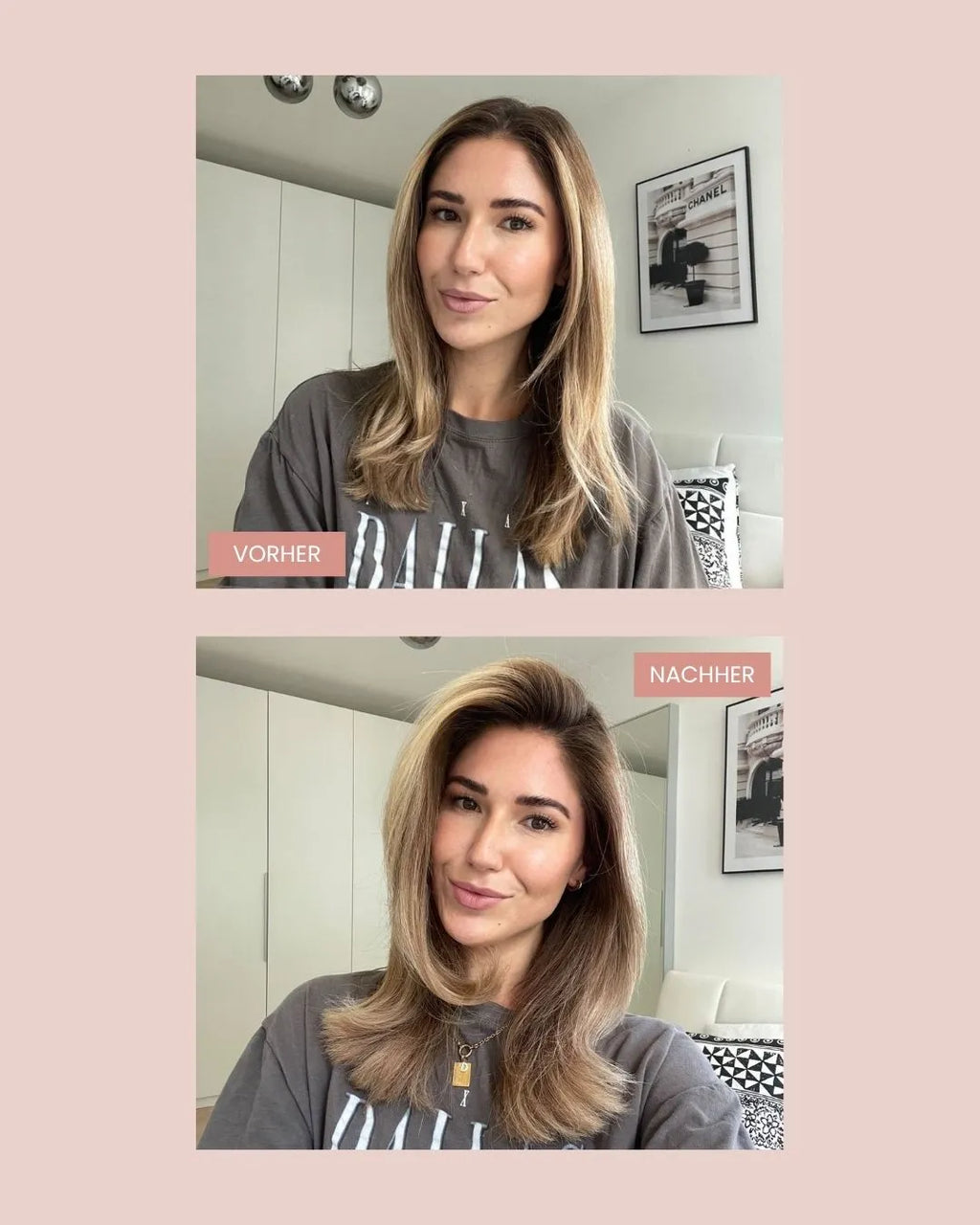 Frau zeigt ihre fettigen Haare vor der Anwendung vom Trockenshampoo Schaum von feschi und hat nach der Anwendung ein wunderschönes Volumen.