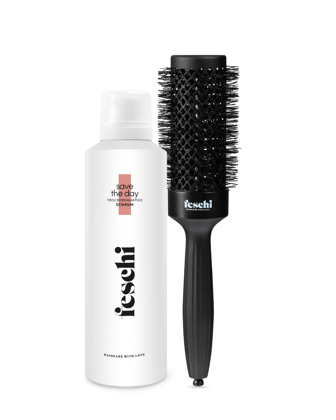 Produktfoto vom feschi Trockenshampoo Schaum und der feschi Rundbürste