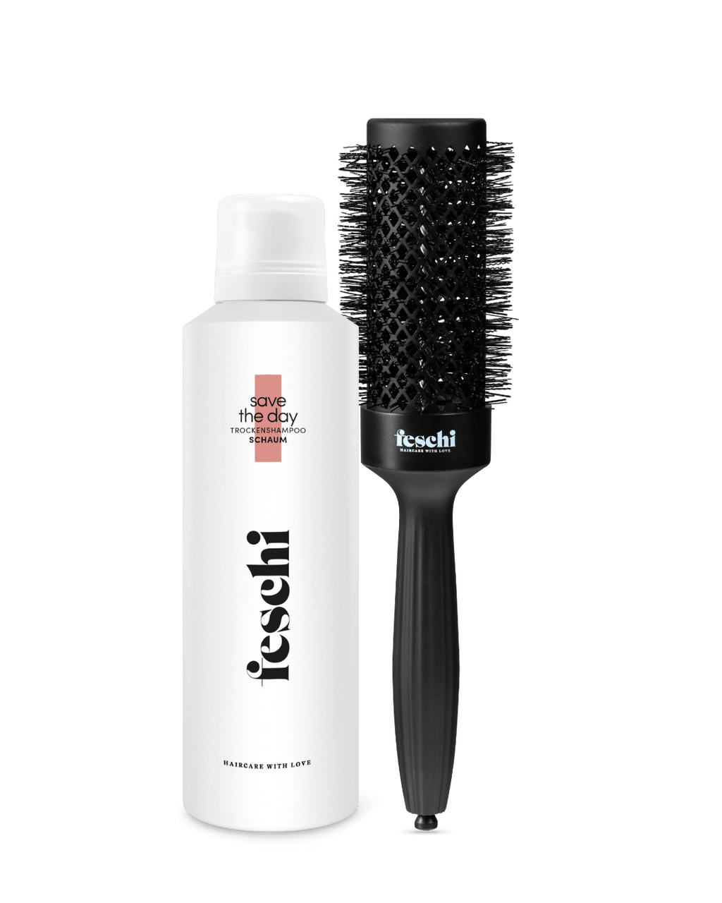 Produktfoto vom feschi Trockenshampoo Schaum und der feschi Rundbürste